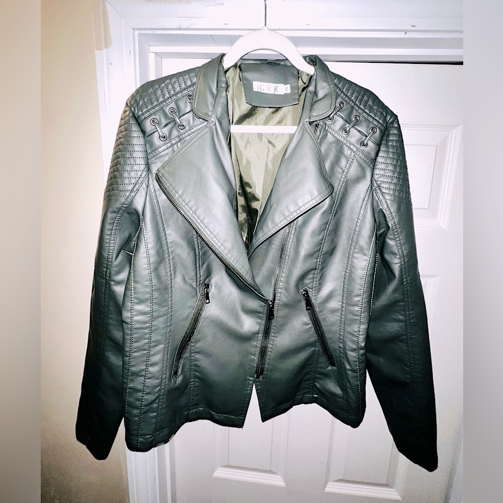 Green Moto faux leather jacket size XXL with  stitched and patterned shoulders